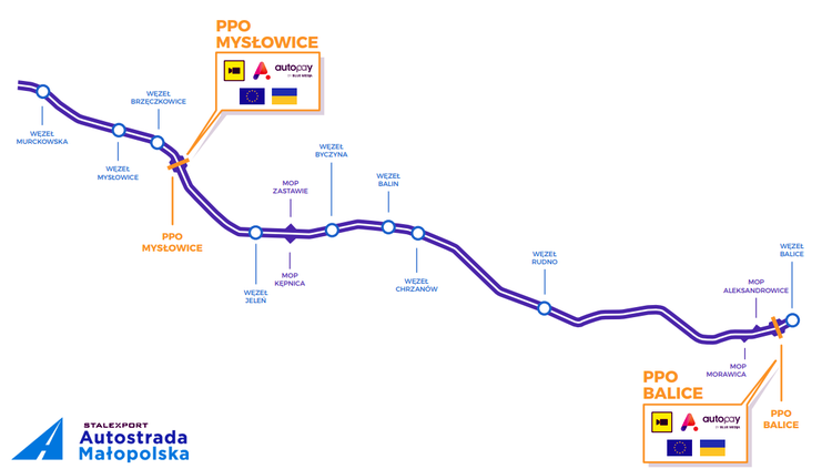 Mapka z zaznaczonymi punktami poboru opłat