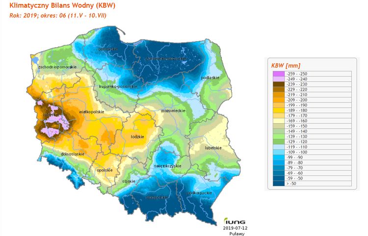 Mapa pokazująca bilans wody w Polsce