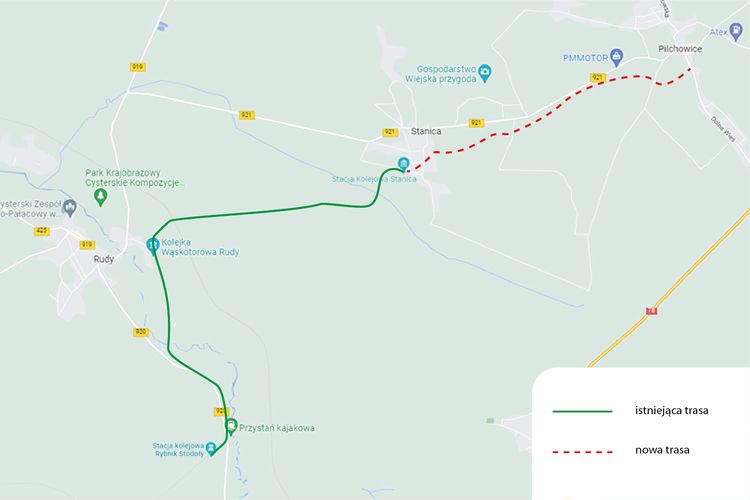 Aktualny przebieg trasy kolei wąskotorowej w Rudach z zaznaczeniem planowanej odbudowy odcinka pomiędzy stacjami Stanica-Pilchowice