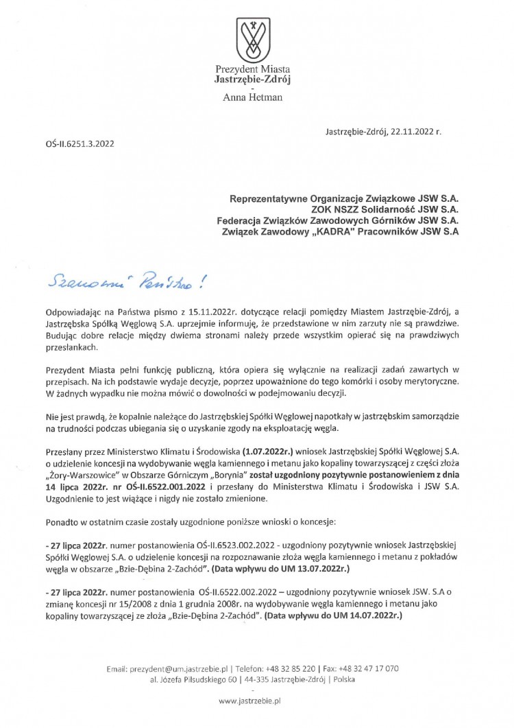 Afera o koncesję na węgiel w JSW. Związkowcy: gminy blokują wydobycie!, UM Jastrzębie-Zdrój