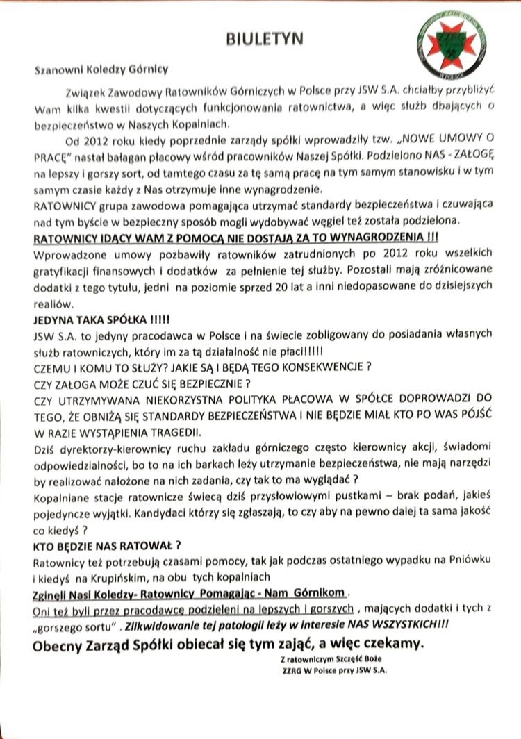 JSW wznowi akcję ratowniczą na Pniówku. Na kopalni konferencja, pod - pikieta ratowników, Związek Zawodowy Ratowników Górniczych Ruch 