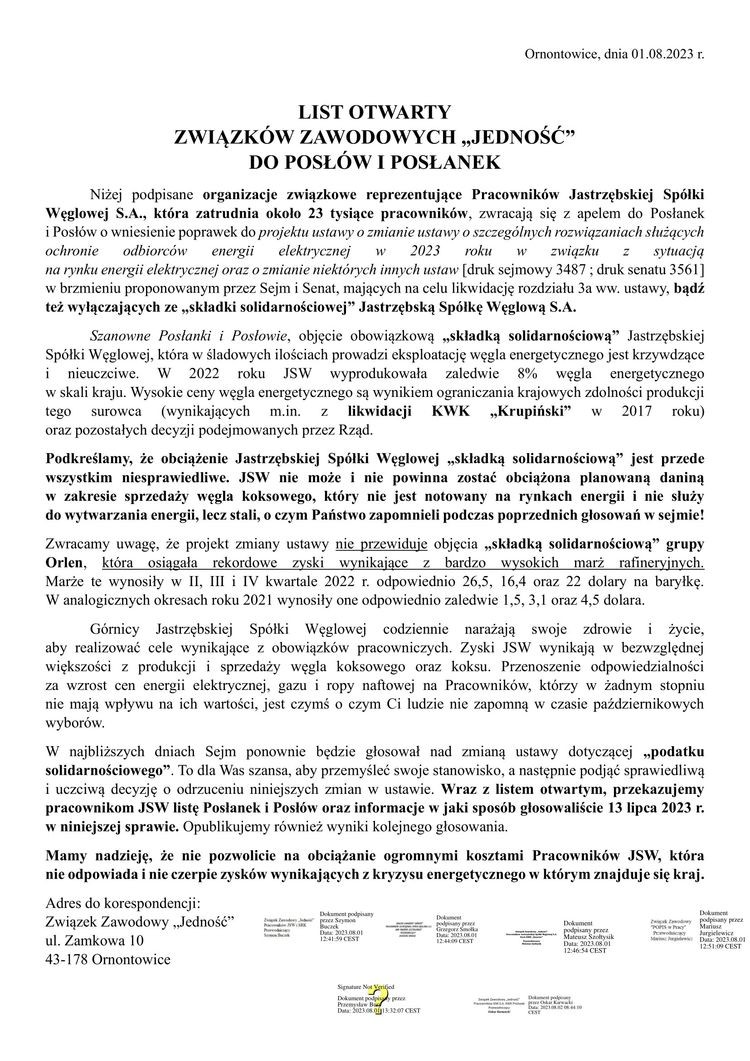 Związki JSW do posłów ziemi śląskiej: 